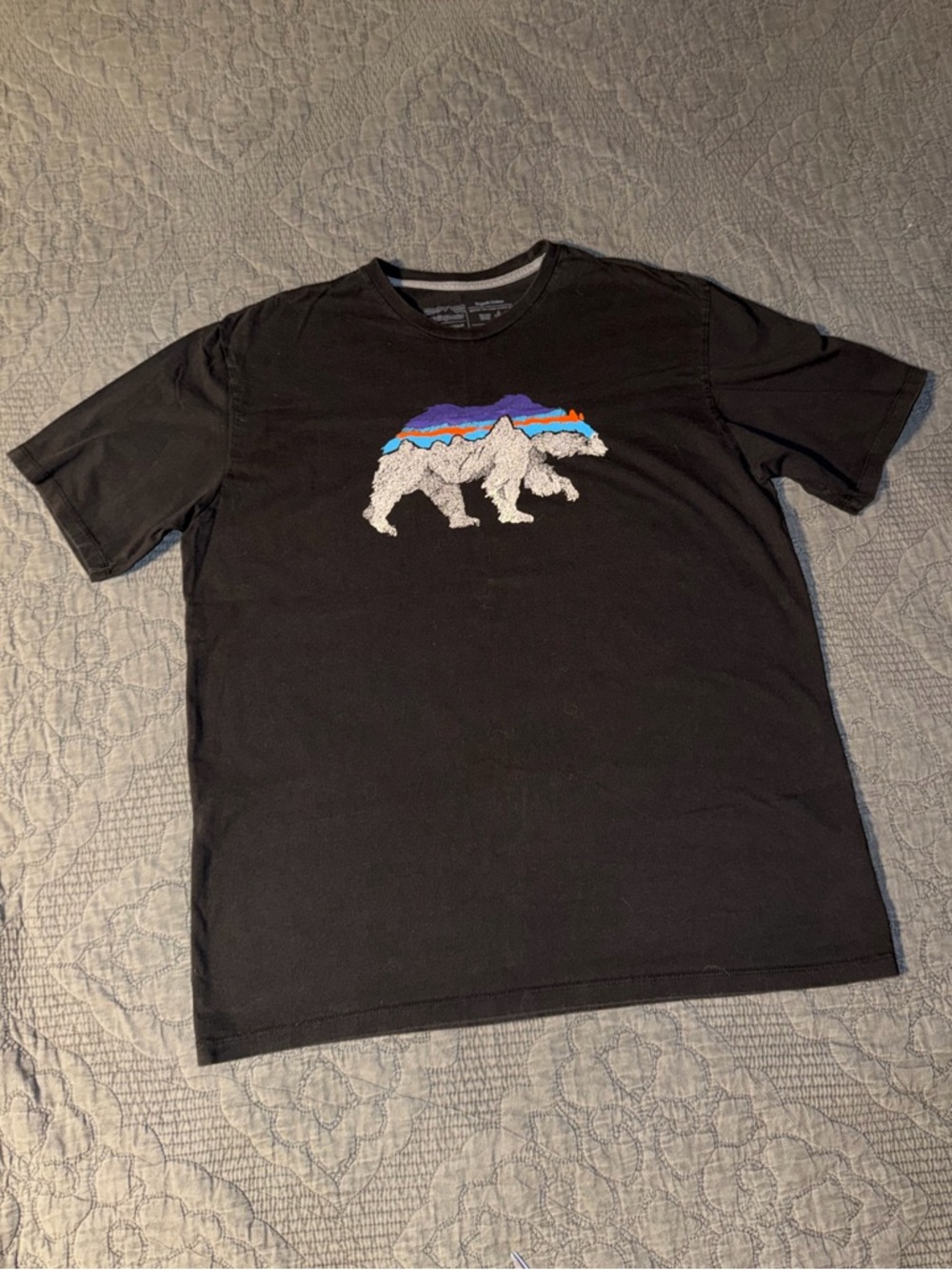 Patagonia Black Short-Sleeve Bear Graphic Tee with Purple & Blue Accents
